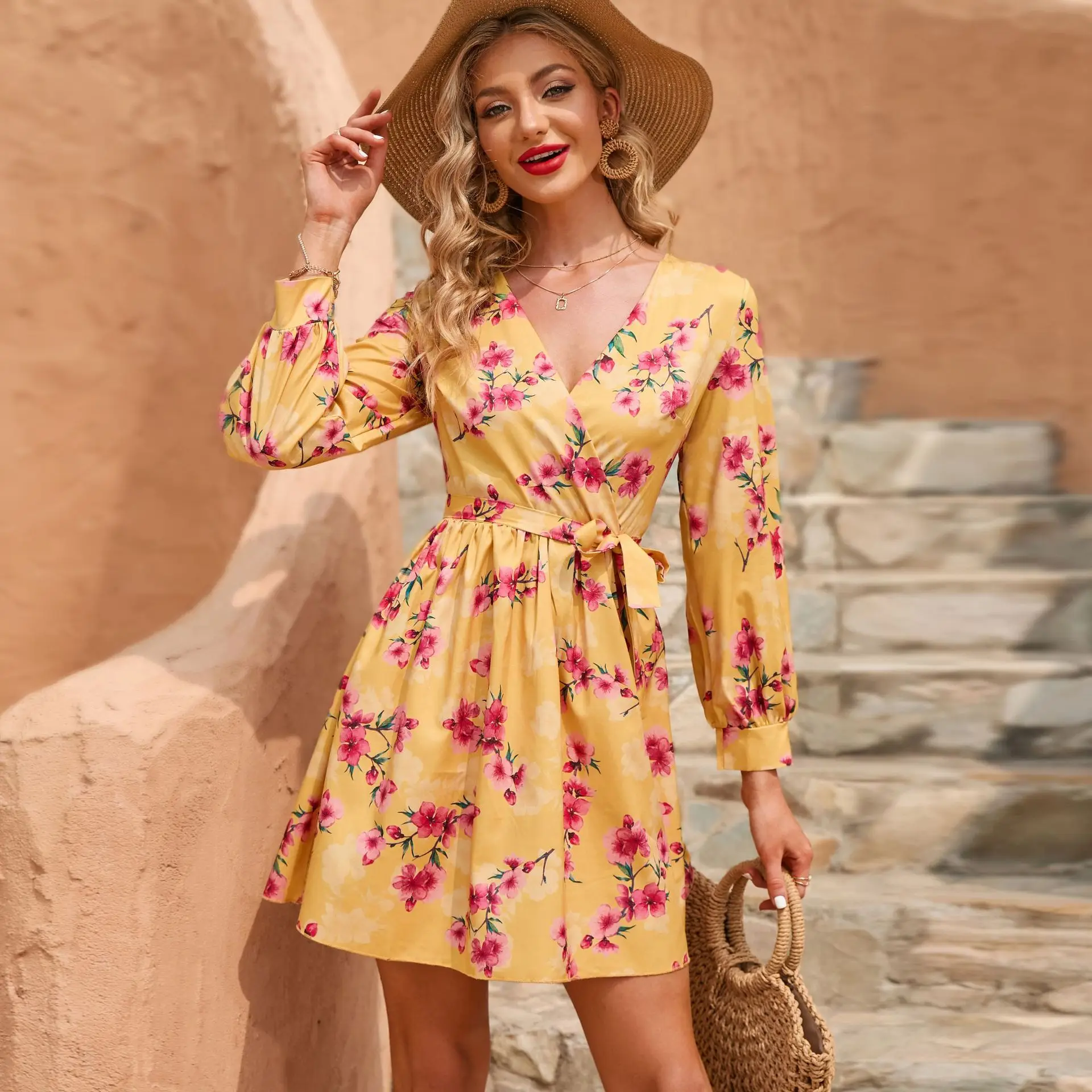 

Elegant Dress Party Clud High Waist Long Dress Sexy V Neck Printing Long Sleeve Women Midi Ball Gown Holiday Bohemia Vestido