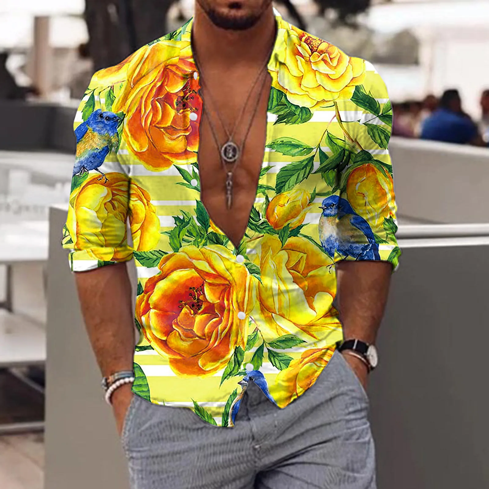 

Autumn Fashion Men Shirts Oversized Yellow Shirts Casual Big Floral Print Long Sleeve Tops Men's Clothing Club Cardigan Blouses