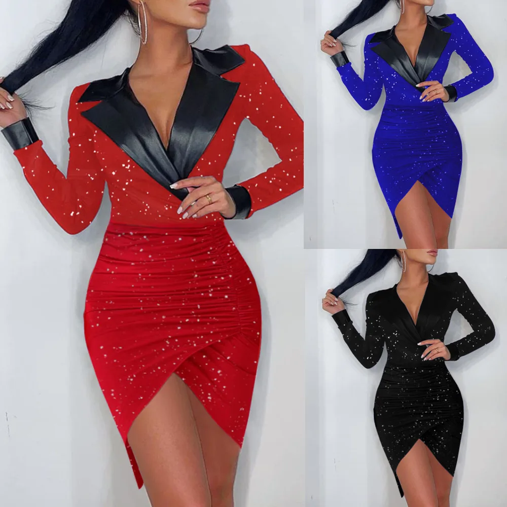 

Elegant Mini Dress Women Office Lady Belt Irregular Suit Dress Fashion Wrap V Neck Sexy Dress Long Sleeve Solid Party Dress