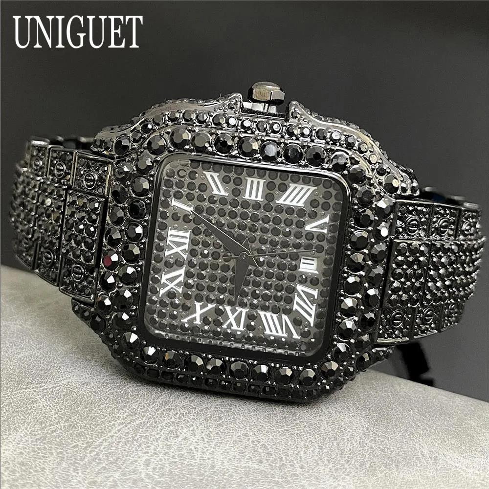 Фото UNIGUET модные мужские часы со льдом, роскошные квадратные кварцевые часы из нержавеющей стали, мужские наручные часы в стиле хип-хоп с черными бриллиантами Reloj Hombre №4