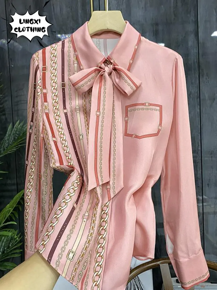2023 Summer New Chain Print Pattern Ribbon Imitation Silk High End Luxury Style Shirt Girls Elegant Party Wear Long Sleeve Top