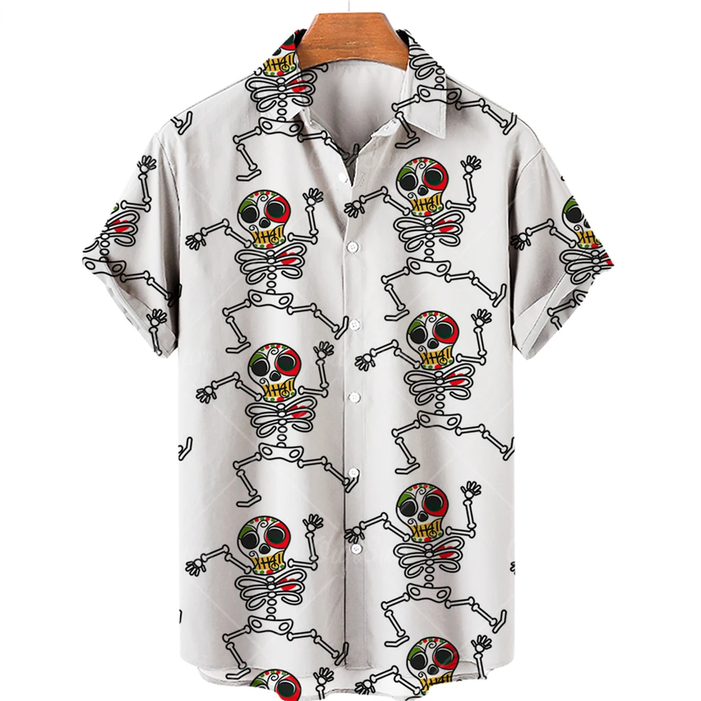 Hawaiian Short Sleeved Shirts for Men and Women, Creepy Skeleton Print Short Sleeved Shirts, Stylish Casual Tops, 5XL Loose Brea