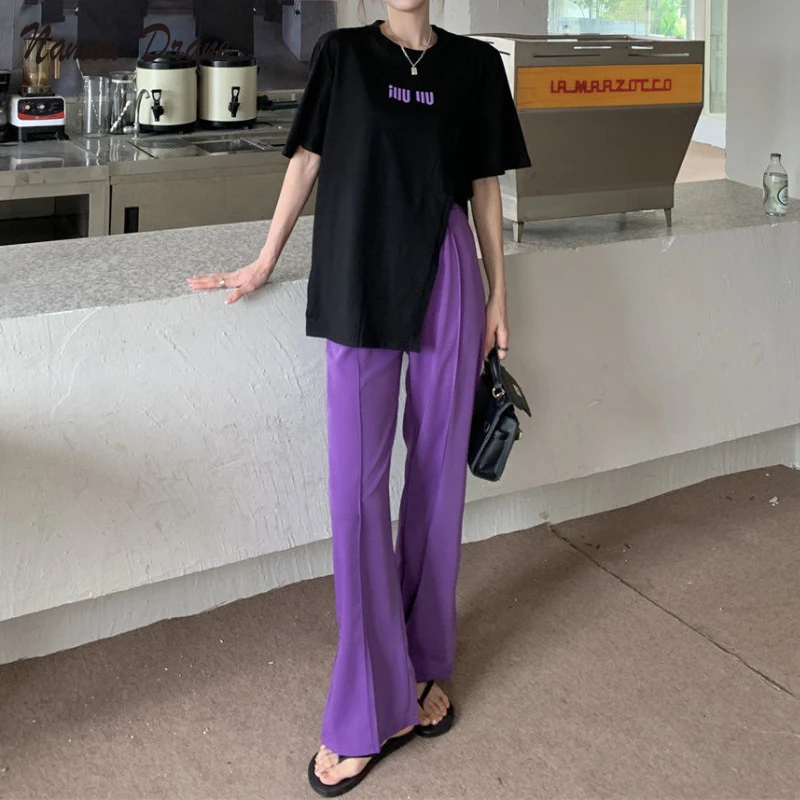 

Design Black Short Sleeve T-shirt Women's Summer Korean Edition 2022 New Slit Irregular Loose Top + Wide-leg Pants Two-piece Set