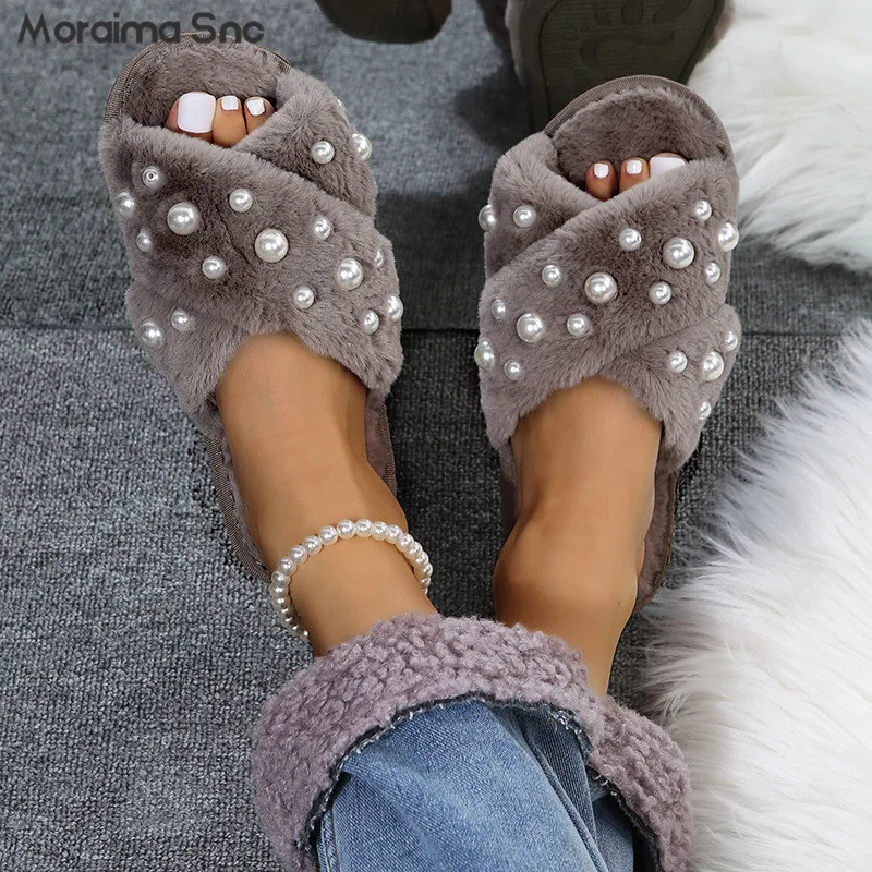 Black Fur Cross Strap Slippers New Open Toe Flat Bottom Pearl Fur Slippers Multi-Color Casual Fashion Plus Size Women's Shoes