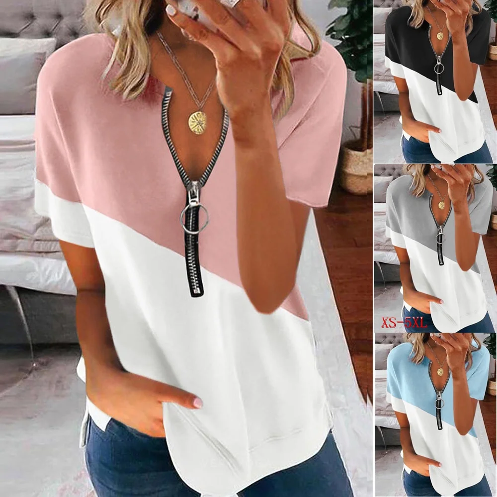 Fashion Women Summer Casual Printed Round Neck Short Sleeve Zipper V-neck Casual T-shirt Soft and Light Weight Summer Loose Tops