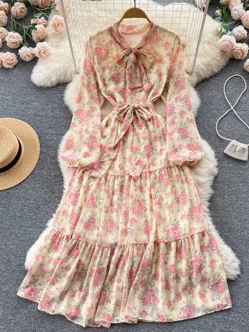 

Foamlina Korean Chic Summer Long Dress Women Sweet Floral Print Bow-tied Collar Long Sleeve Bohemian Beach Holiday Maxi Dress