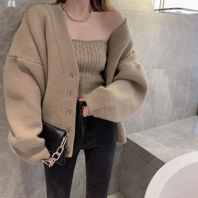 Strapless Vest Twists Sweater Korean Fashion Sets Winter Clothes Women V Neck Cardigan Mujer Pull Femme Black Jacket Sueter