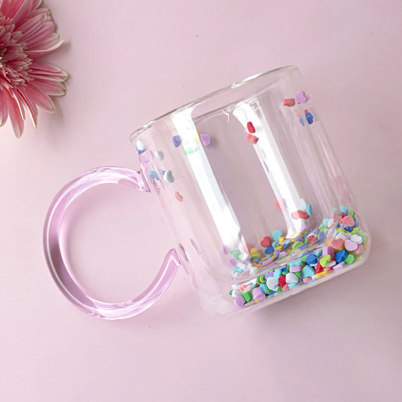 

Love Quicksand Double Bottom Glass Cup Cute Kawaii Girl Creative Water Cups Transparent Juice Sequins Coffee Mug with Handle