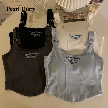 Pearl Diary Women Letter Printing Tank Tops With Bra Pad Casual Camis Y2K Crop Tops For Women Shoulder Belt Iron Ring Tank Tops 1
