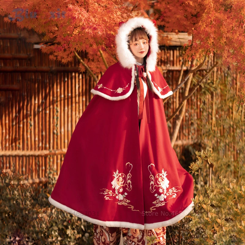 

Зимняя накидка Hanfu, Длинная накидка с капюшоном, красная вышитая Милая шаль с ушками, Династия Тан песни, этнический Китайский традиционный старинный женский