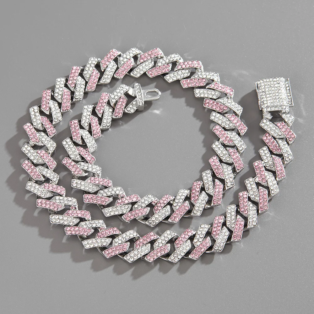 

2023 New 15mm Solid Metal Heavy 16inch 18inch Iced Out Bling Pink Cubic Zirconia Maimi Cuban Chain Necklace Hip Hop Jewelry