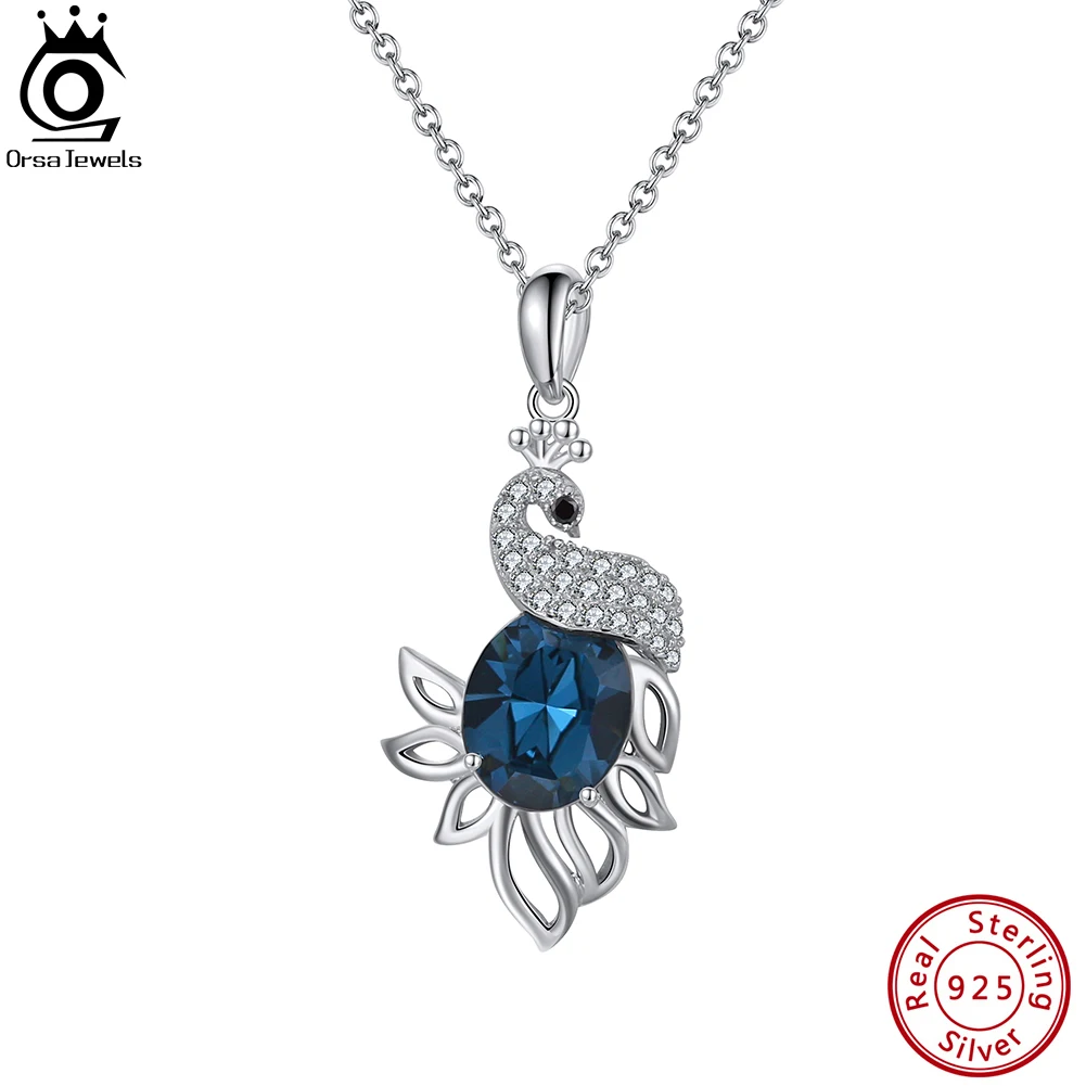 

ORSA JEWELS Elegant Peacock Design Pendant 925 Sterling Silver Blue Austria Crystal 5A CZ Necklace for Women Party Jewelry SWN22