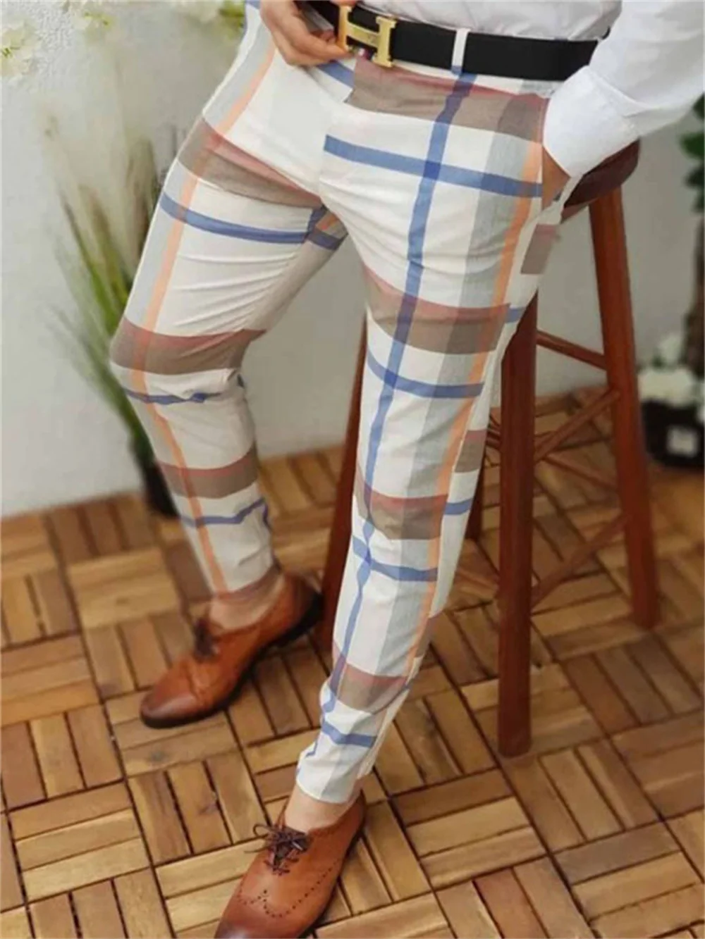 2023 hot -selling men's high -quality business casual pants plaid print pattern straight panties men's fashion street clothing