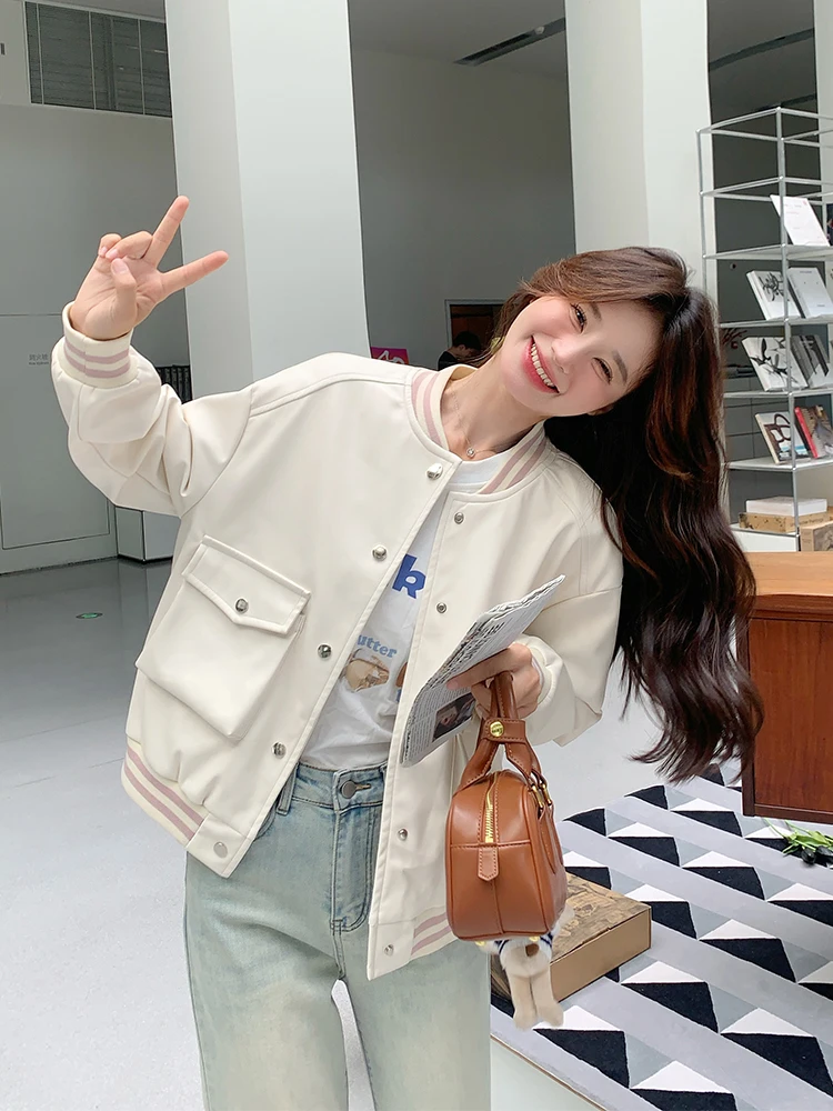 Кремово-белая бейсбольная форма-карго короткая женская куртка на весну и осень