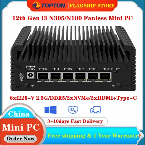 6x i226-V 6 LAN 2,5G межсетевой маршрутизатор 12-го поколения Intel i3 N305 N100 безвентиляторный мини-ПК DDR5 2xHDMI2.1 USB3.2 Type-C pfSense Proxmox