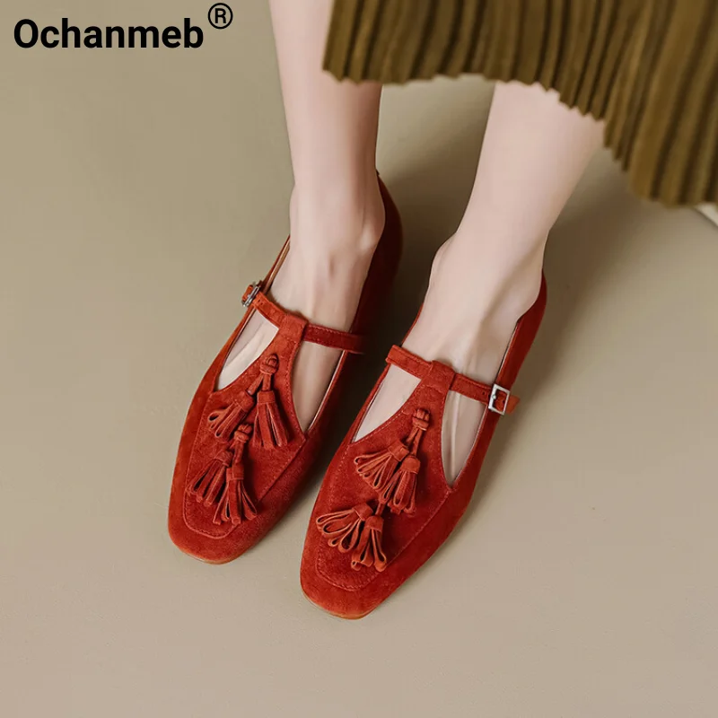 

Ochanmeb Real Leather Woman Fringe Flat Loafers Ladies T-strap Square Toe Shallow Flat Shoes Casual Leisure Soft Tassel Footwear