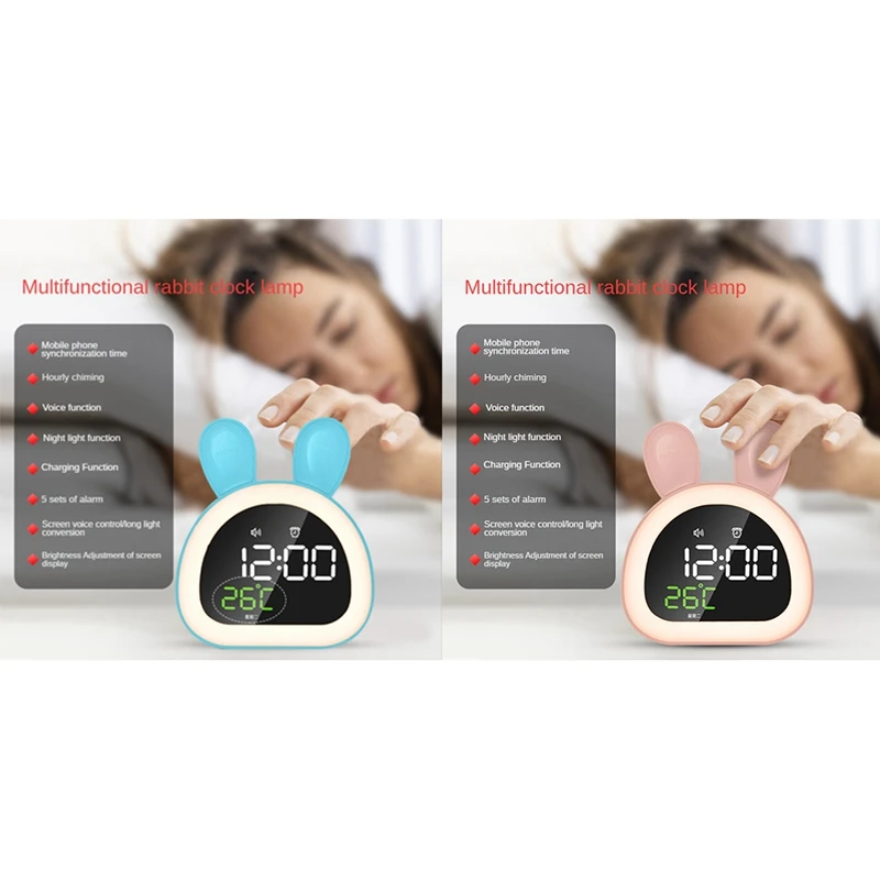 

Светодиодный цифровой будильник в виде кролика, электронный светодиодный дисплей, Звуковое управление, милая Бесшумная ночника, настольны...