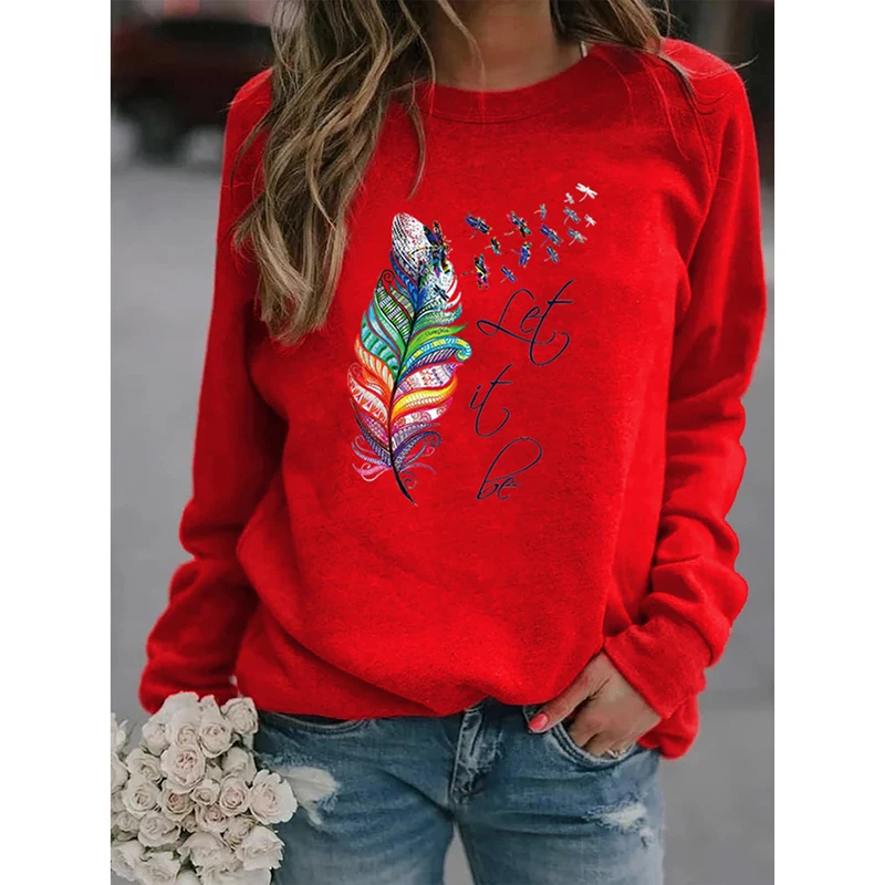 

Rheaclot Женская Повседневная хлопковая толстовка с длинным рукавом и принтом перьев