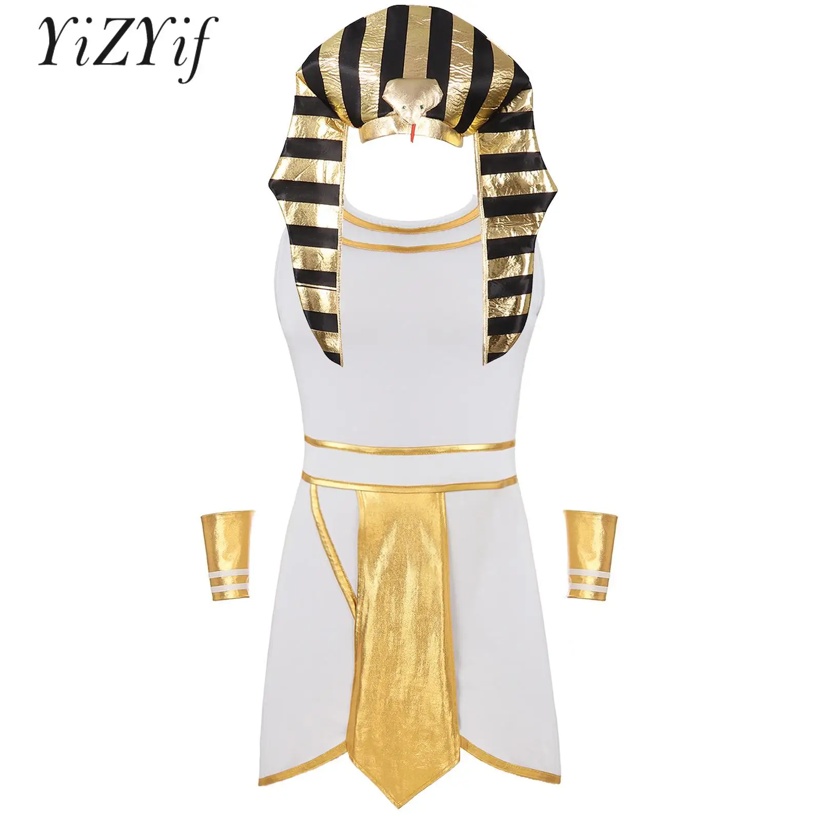 

Mens Egyptian Pharaoh Costume Sleeveless Zipper Dress with Cuffs and Snake Head Style Hat Halloween Fancy Dress Up Theme Party