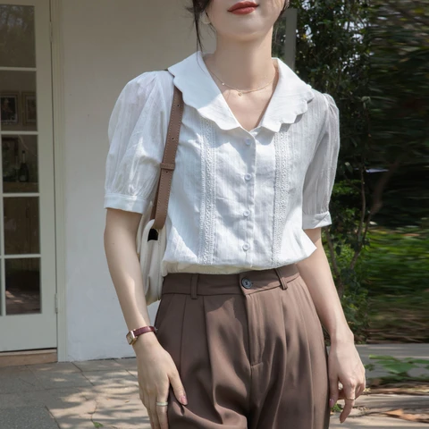 Блузка женская с коротким рукавом, однотонная кружевная рубашка с оборками на воротнике, блузка с французским рукавом, A63, на лето