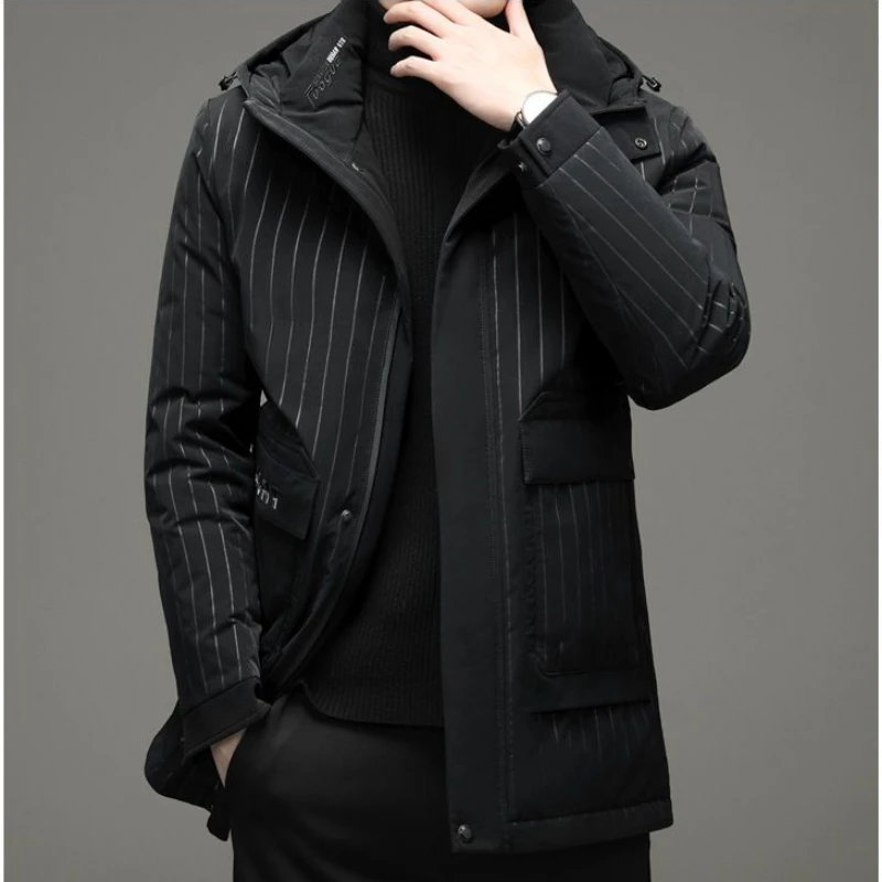 New Winter Men's Down Jacket Long Sleeve Jackets Hooded High-end Coat Leisure Warm White Duck Down