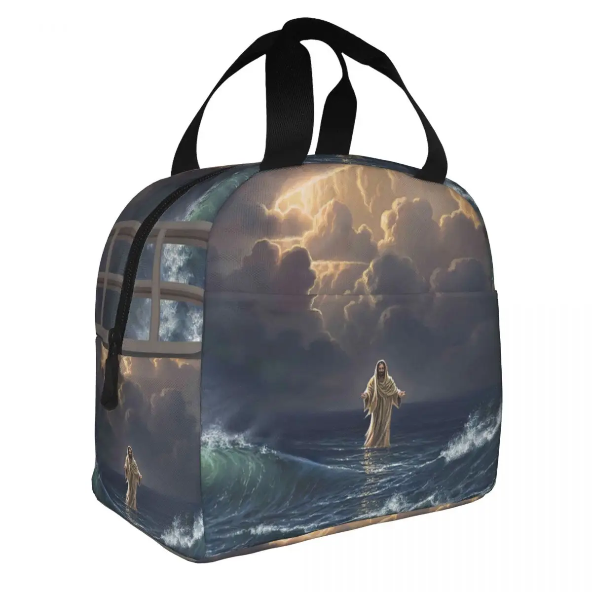 Jesus Walks On Water Canvas Poster Lunch Bento Bags Portable Aluminum Foil thickened Thermal Cloth Lunch Bag for Women Men Boy