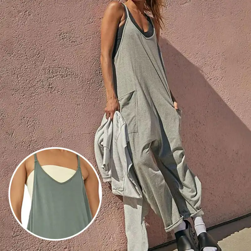 Women Solid Color V-Neck Sling Pocket Jumpsuit Long Pants Loose Office Commuting Street Style Casual 2023 Summer Fashion New