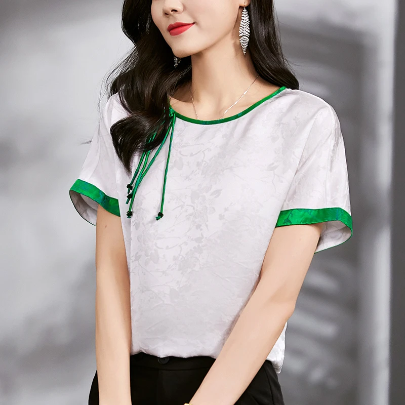 Chinese Style Women's Vintage Shirt Elegant Fashion O-neck Short Sleeve Woman Shirts Blouses Loose Tops 100% Real Silk Blouse