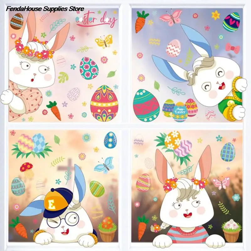 

25×35cm Happy Easter Glass Window Stickers Colorful Bunny Eggs Wall Sticker Easter Decor For Home Kids