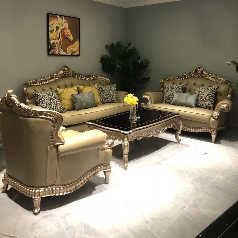 

Solid wood sofa, neoclassical villa, living room, champagne gold carved combination, first layer cowhide American furniture