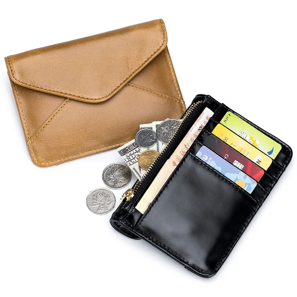 Ultra-thin Korean Japan Oil Wax Leather Coin Purses Card Holder Fashion Short Envelope Women Wallet Bank Credit Card Case Purse