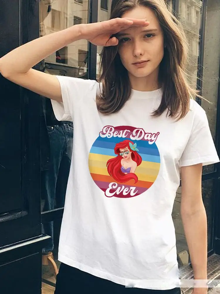 

Summer Disney Korea Wild Short Sleeve Female 2022 Mermaid Ariel Princess Cartoon Print Round Neck Casual Fashion Ladies Clothing