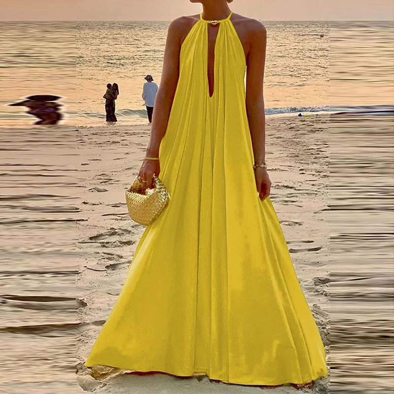 

Женское однотонное прямое свободное платье с лямкой на шее, модное простое темпераментное платье макси во французском стиле, элегантное пляжное платье Бохо с глубоким V-образным вырезом
