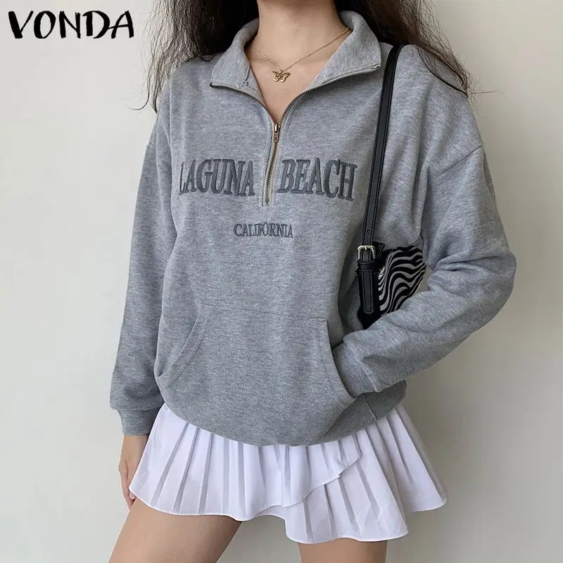 

VONDA Women Hoddies Casual Long Sleeve Lapel Neck Blouse Tops Oversize Sweatshirts Tops Women Casual Printed Embroidered Blusas