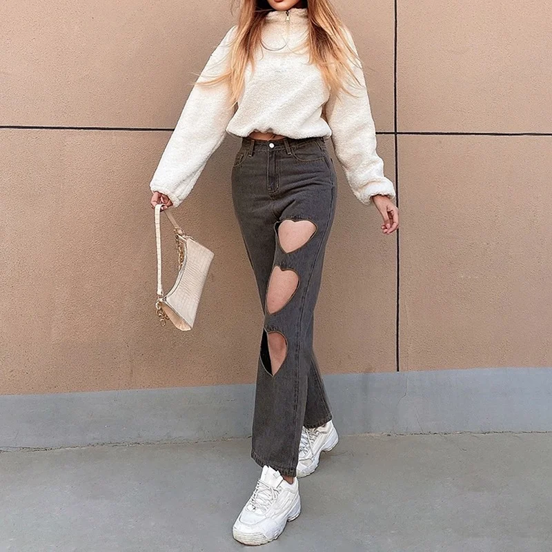 Women High Waist Denim Summer Pants 2021 Indie Aesthetics Heart Shape Hollow Out Baggy Jeans Y2k Streetwear Trousers 90s Clothes