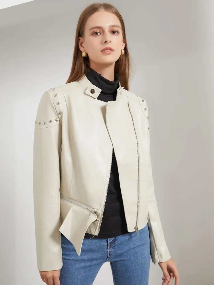 

Women Spring Autumn 2022 New Rivet Fashion Stand Collar Solid Color Irregular Hem Pu Leather Jacket For Female