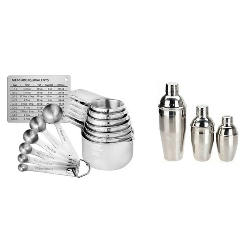

Stainless Steel Cocktail Bartender Shaker Drink Mixer Bar Set Kit - 750Ml With 14 Pieces Measuring Cups And Spoons Set