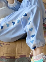 houzhou kawaii blue jogging sweatpants korean fashion sport pants women baggy soft girl patchwork love heart wide leg trousers