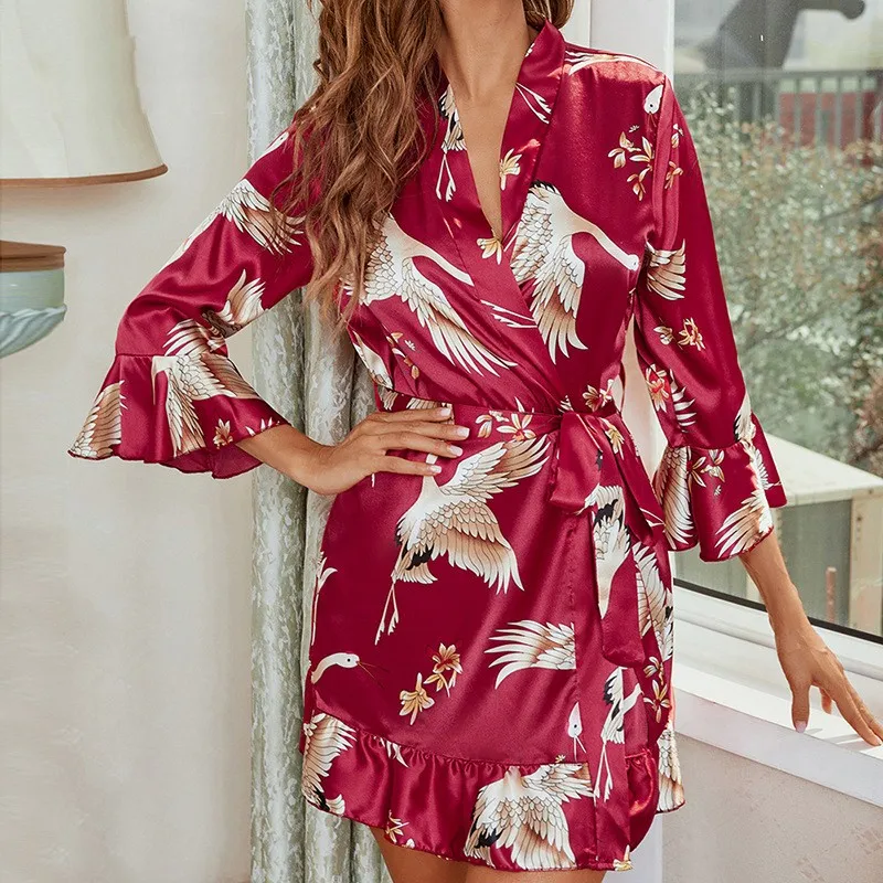 Satin Print Flower Robe Elegant Ruffles Sleepwear Summer V-neck Kimono Bathrobe Sexy Short Women's Dressing Gown Home Clothes