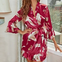 satin print flower robe elegant ruffles sleepwear summer v neck kimono bathrobe sexy short womens dressing gown home clothes