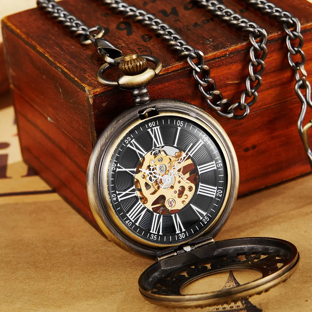 Necklace Watch Vintage Steampunk Mechanical Pocket Watch With Chain Hollow Hand-winding Pendant Clock Men Women Gold Bronze Gift hollow out one piece pocket watch for men durable alloy slim chain women necklace acceaaory children gift relogio caveira