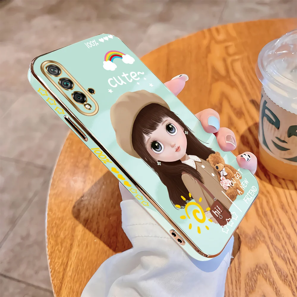 

For Huawei Nova 5T 5i 4 4E 3 3E 3i Luxury Square Case Cartoon Girls Plating Soft TPU Cover Shockproof Cases