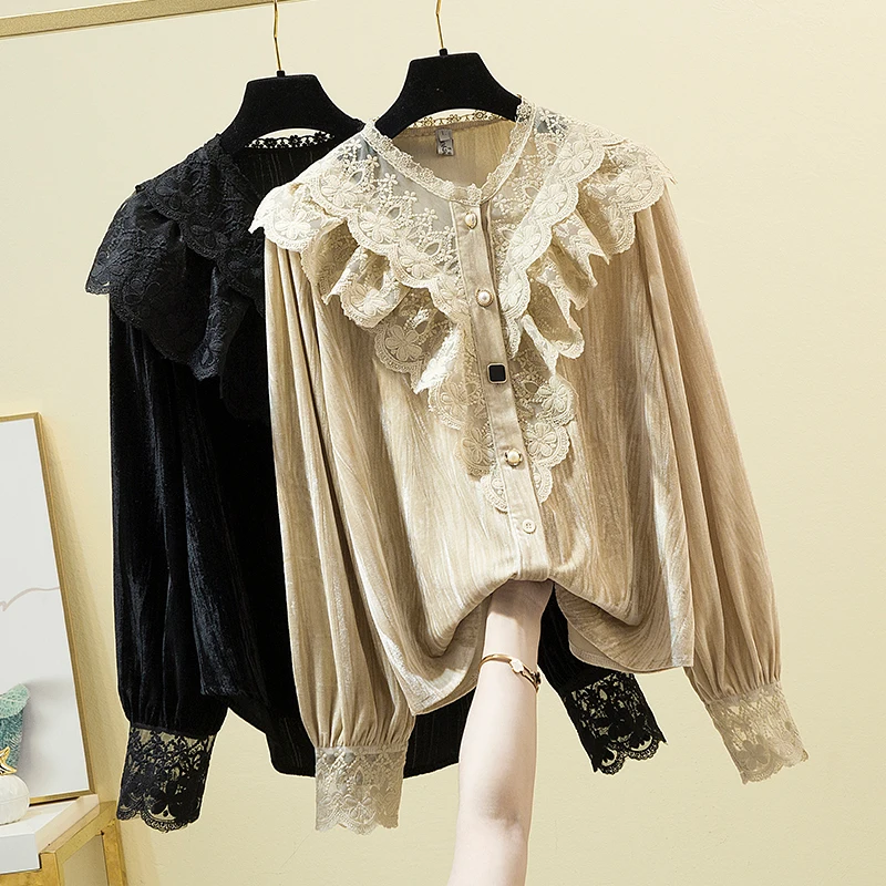 

Fashion Long Sleeve Blouse Womens Clothing 2022 Spring Autumn New Lace Ruffled Stitching Slim Office Lady Shirts d1721