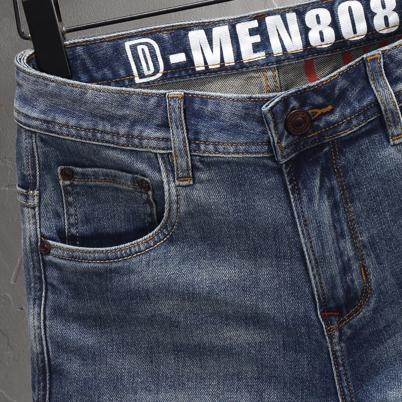 Fashion Designer Men Jeans Summer Trendy Retro Washed Blue Elastic Printed Short Jeans Homme Vintage Casual Denim Shorts Men