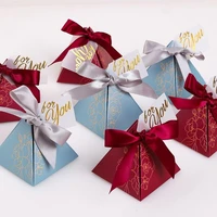 50pcslot pyramid triangle blue paper box wedding favors for guests bulk bronzing gold flower red paper bags with for you tags