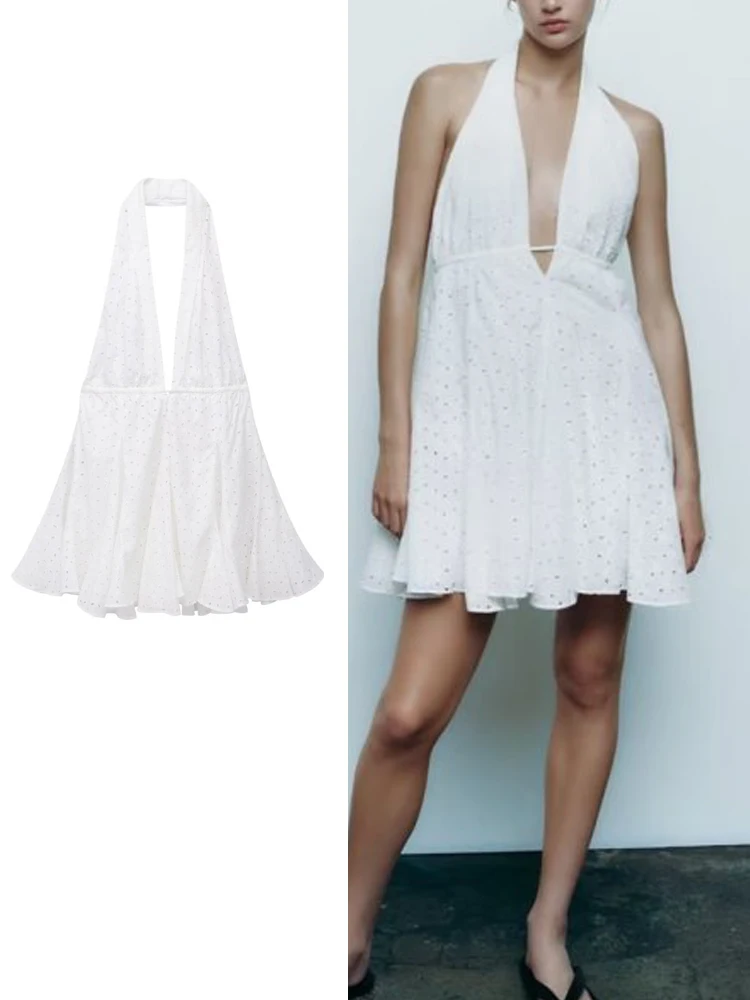 

TRAF Fashion Embroidery Dress For Women Summer New Vacation Style Sleeveless Backless Mini Dress Casual Deep High Street Dress