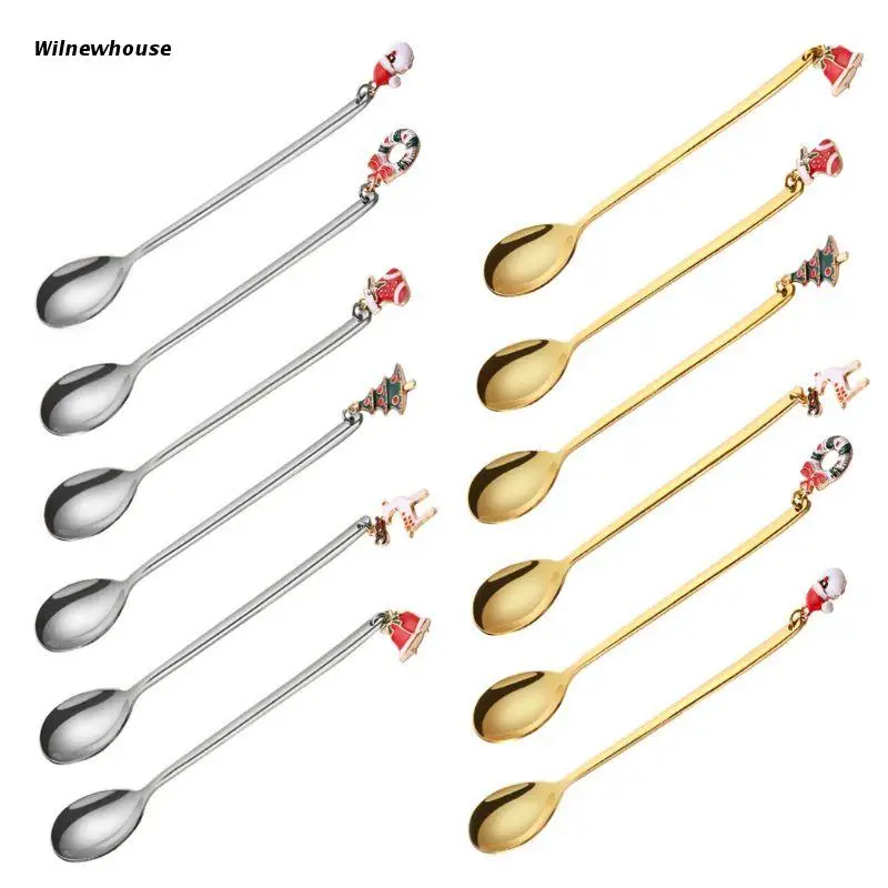 

F63A Christmas Coffee Spoon 6 Pcs Food Baking Drinking Making Accessories Supplies for Tea Espresso Soup Rice Gadget