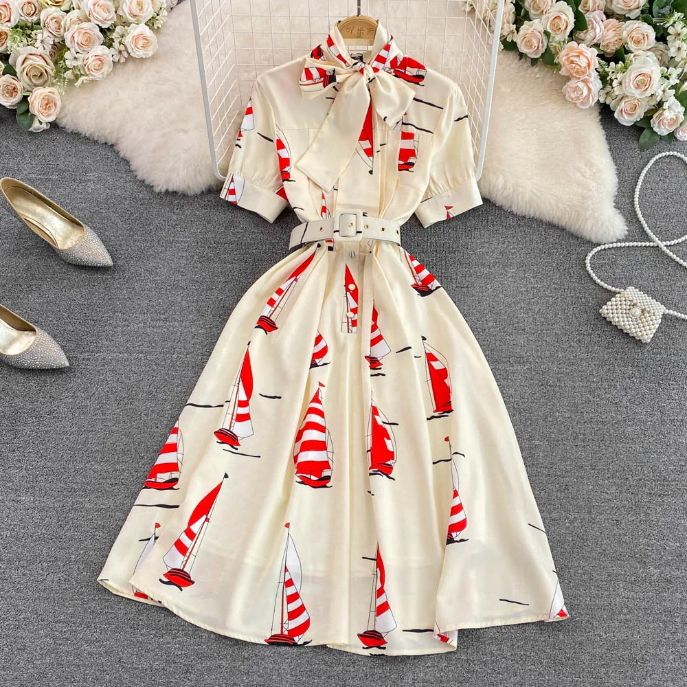 

Summer high-end light luxury retro temperament stand collar bow waist print a-line dress elegant large dress