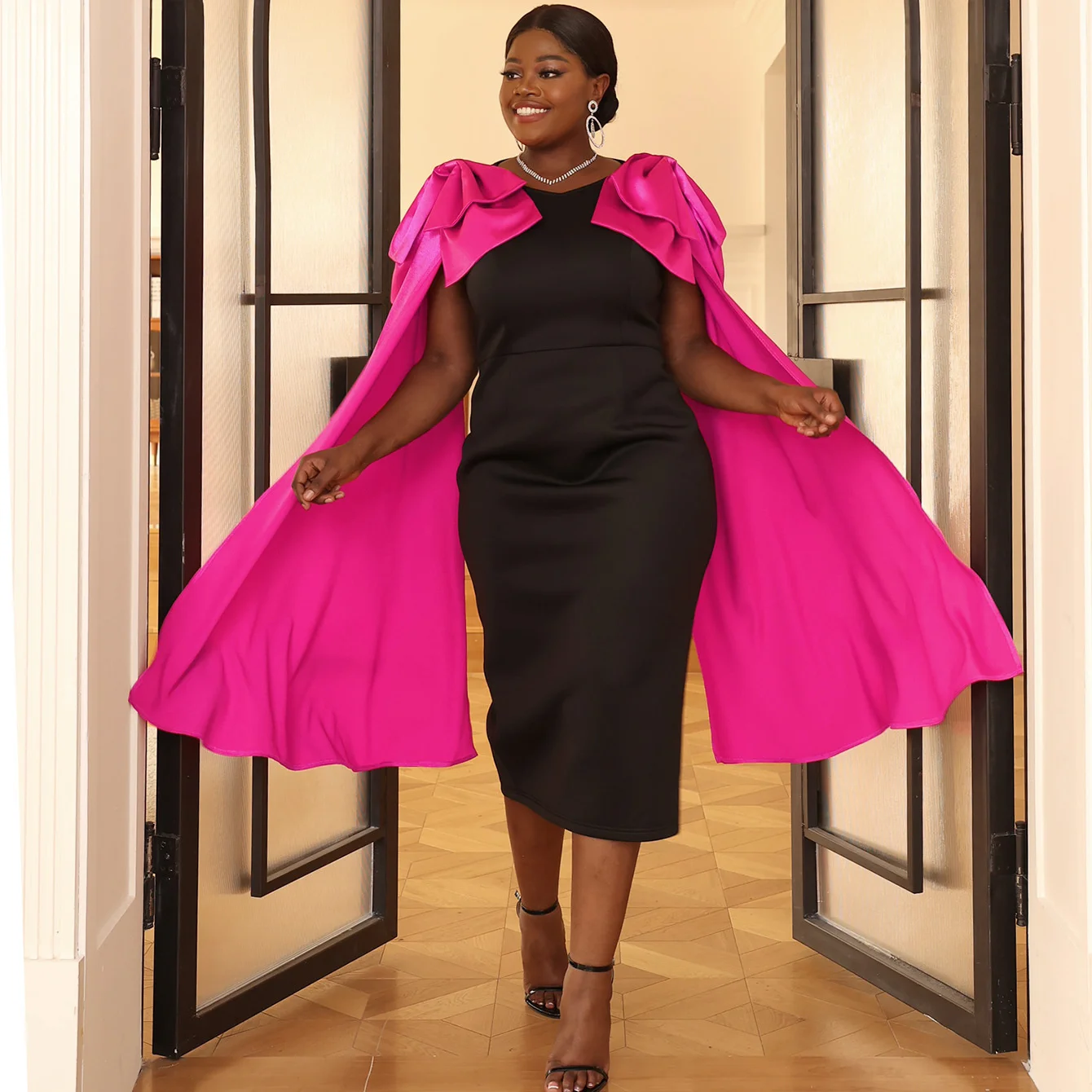 Women's Dress 2023 New Fashion Designer Cape Sleeves Contrast Dress Bowtie Ladies Long Sleeve Banquet Party Dresses