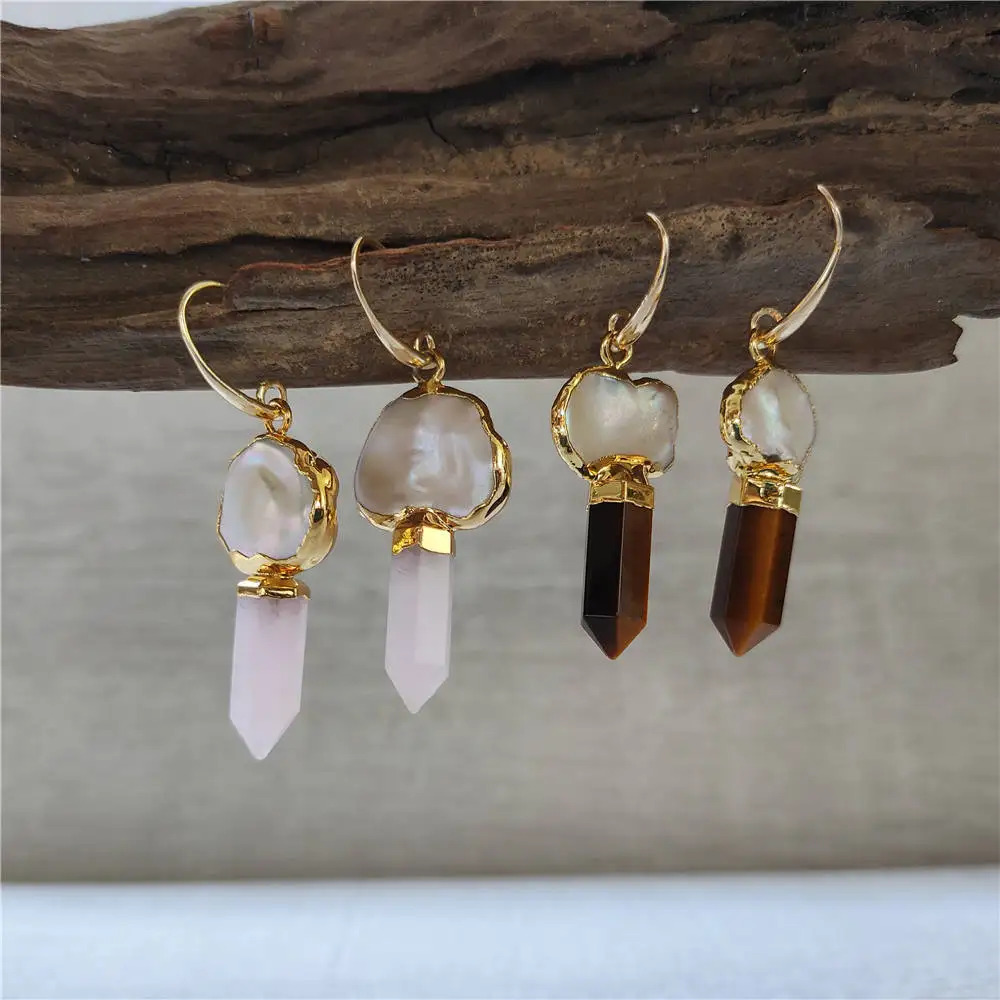 FUWO Wholesale Freshwater Pearl Crystal Earrings,Gold Color Trimmed Natural Stone Point Jewelry For Women ER545 5Pairs/Lot